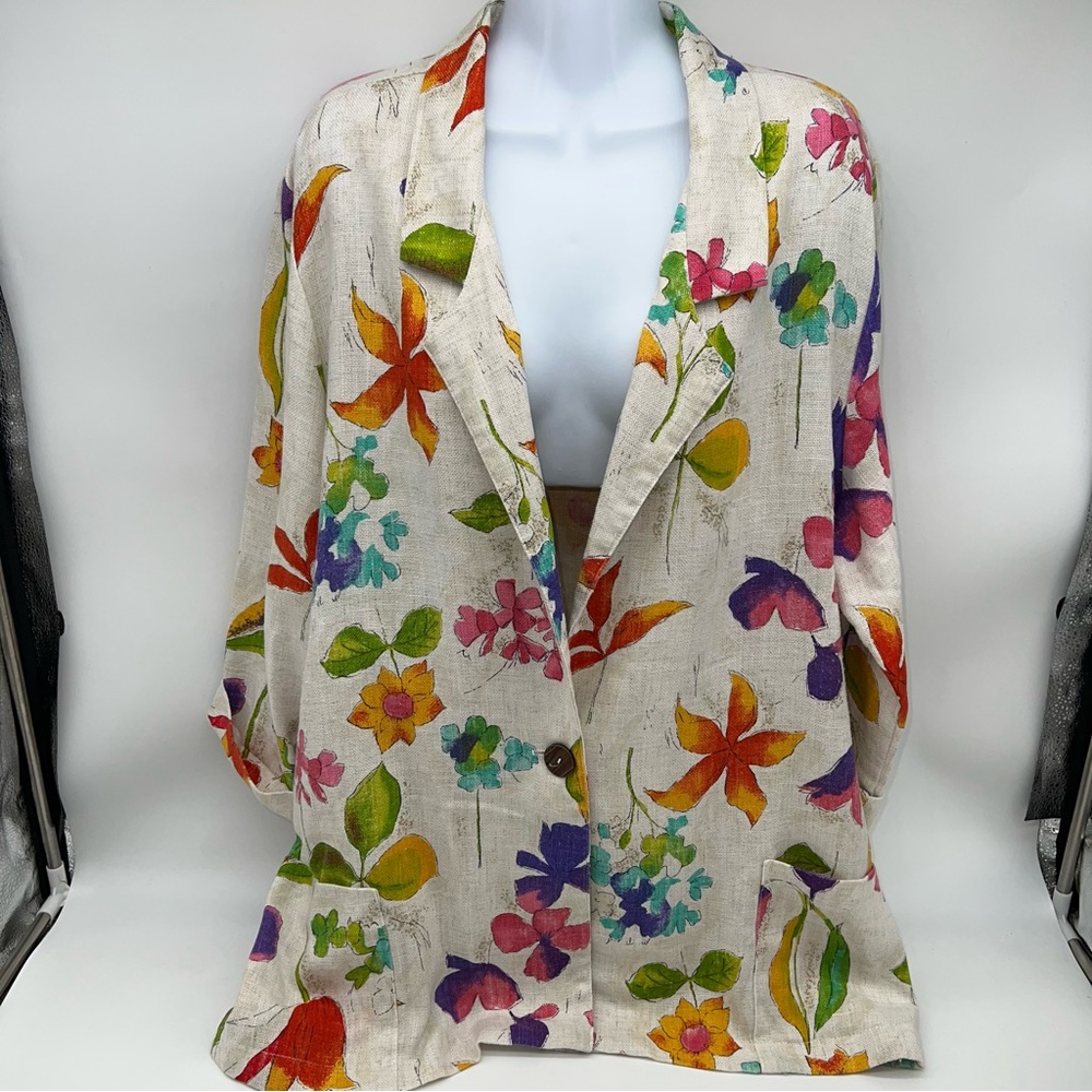 Joanna Vintage Floral Multicolor Blazer Flax Blend Plus Size Blazer-Size 18